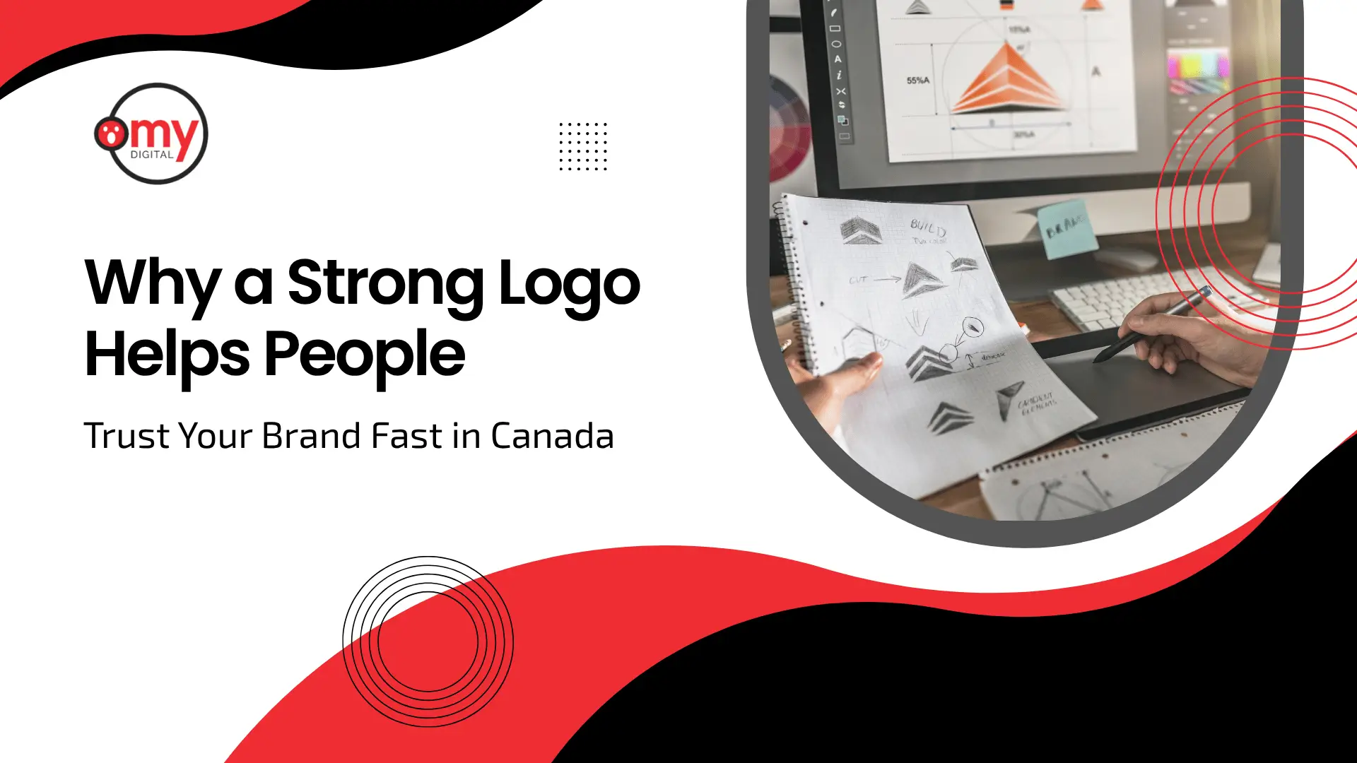 On the left, the "omy DIGITAL" logo sits above the main title in a clean, black sans-serif font: "Why a Strong Logo Helps People." Beneath this, a secondary sub-headline reads, "Trust Your Brand Fast in Canada." On the right, a large circular inset image shows a first-person perspective of a graphic designer's workspace. One hand holds a physical sketchbook filled with hand-drawn geometric logo drafts, while the other hand uses a stylus on a digital drawing tablet. In the background, a computer monitor displays a vector design of the same logo being refined. Decorative thin red concentric circles overlap the right side of the banner, adding a sense of dynamic motion and modern design flair.