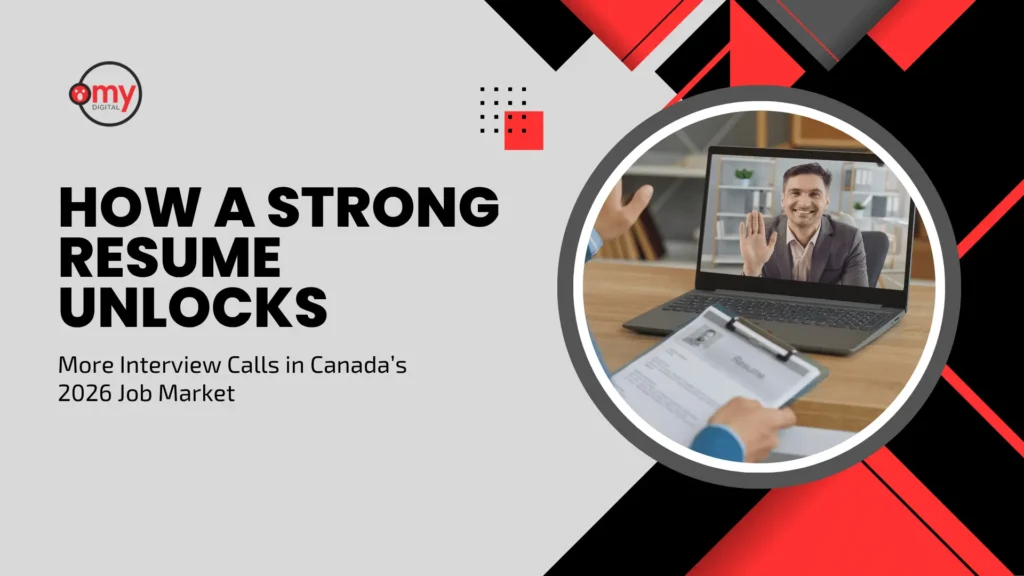 A professional blog banner with a modern geometric design in grey, black, and red accents. On the left, bold black text reads "HOW A STRONG RESUME UNLOCKS More Interview Calls in Canada’s 2026 Job Market," accompanied by the "Omy Digital" logo in the top left corner. On the right, a circular frame showcases a split view: a person's hands holding a clipboard with a resume template, and a laptop screen displaying a smiling professional man in a suit jacket waving during a virtual video interview.