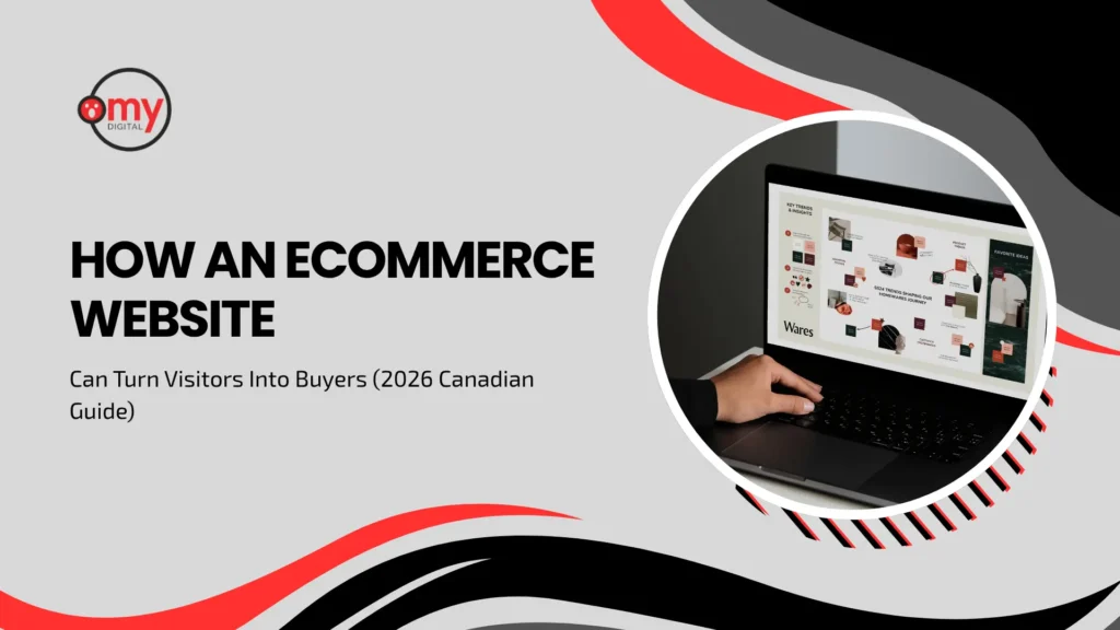 A professional blog banner for Omy Digital with a high-contrast grey, black, and red color scheme. The top-left corner features the circular "Omy Digital" logo. Dynamic, fluid red and black abstract wave designs frame the top and bottom borders. On the left side, bold black text reads "HOW AN ECOMMERCE WEBSITE" followed by smaller text that says "Can Turn Visitors Into Buyers (2026 Canadian Guide)." On the right, a circular picture frame showcases a close-up view of a person's hand typing on a laptop. The laptop screen displays a colorful marketing analytics presentation titled "Wares" showcasing "SS24 Trends Shaping Our Homewares Journey."