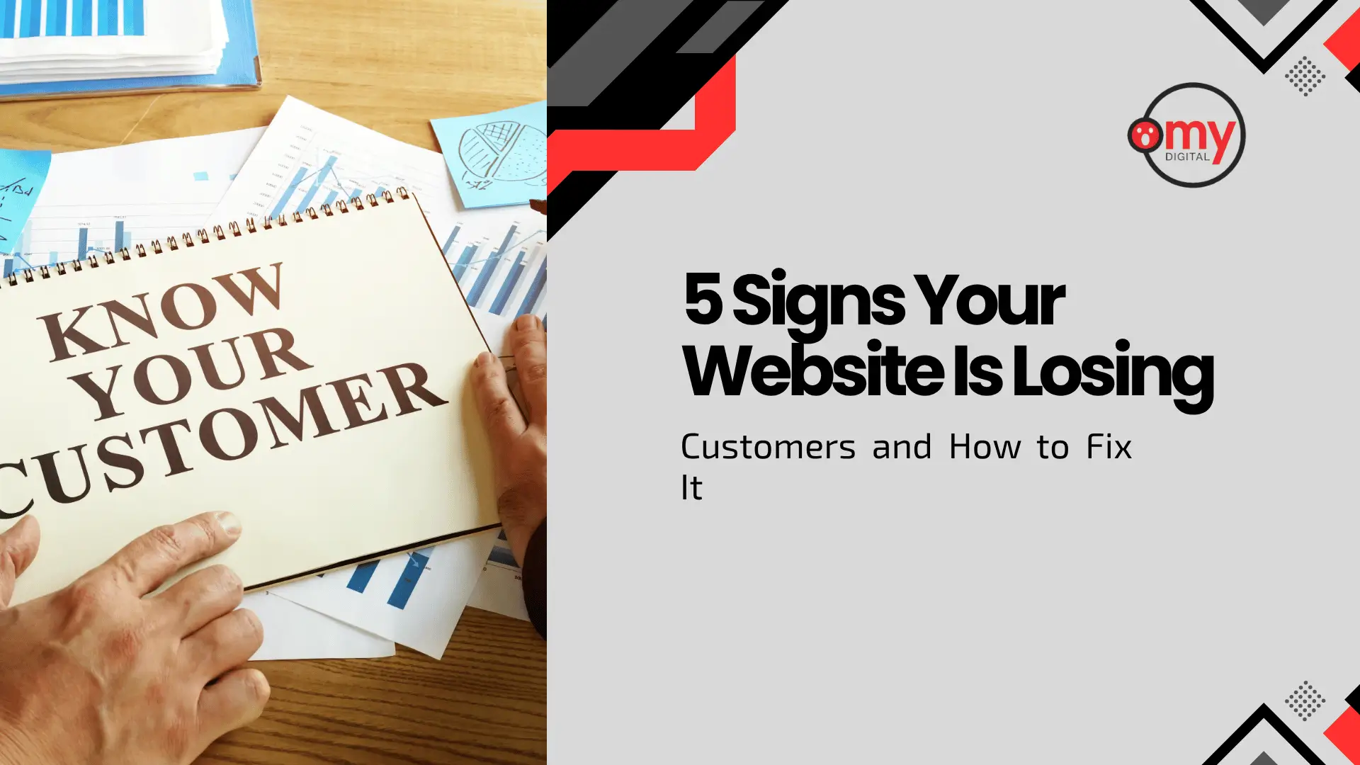 A digital marketing blog banner split into two sides. The left side features a top-down photographic view of a wooden desk scattered with analytical charts, graphs, and a hand holding open a spiral notebook that reads "KNOW YOUR CUSTOMER." The right side has a light gray background featuring the "Omy Digital" logo in the upper corner, framed by abstract geometric shapes in black and red. The main bold text reads, "5 Signs Your Website Is Losing Customers and How to Fix It."