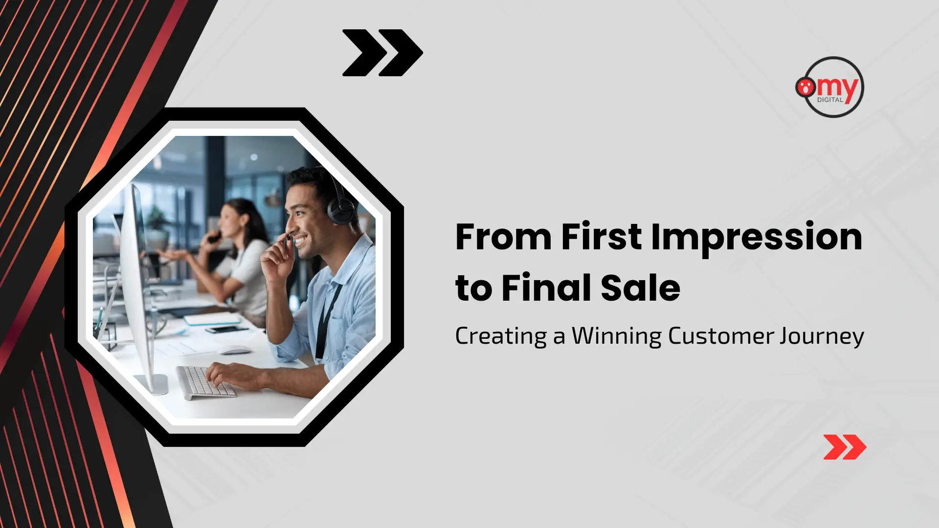 Digital marketing blog banner with a light gray and abstract background featuring the "omy DIGITAL" company logo in the top right corner. On the left, an octagonal frame encloses a photo of a smiling male customer service representative wearing a headset and working at a computer in a modern office. Bold text on the right reads "From First Impression to Final Sale: Creating a Winning Customer Journey."