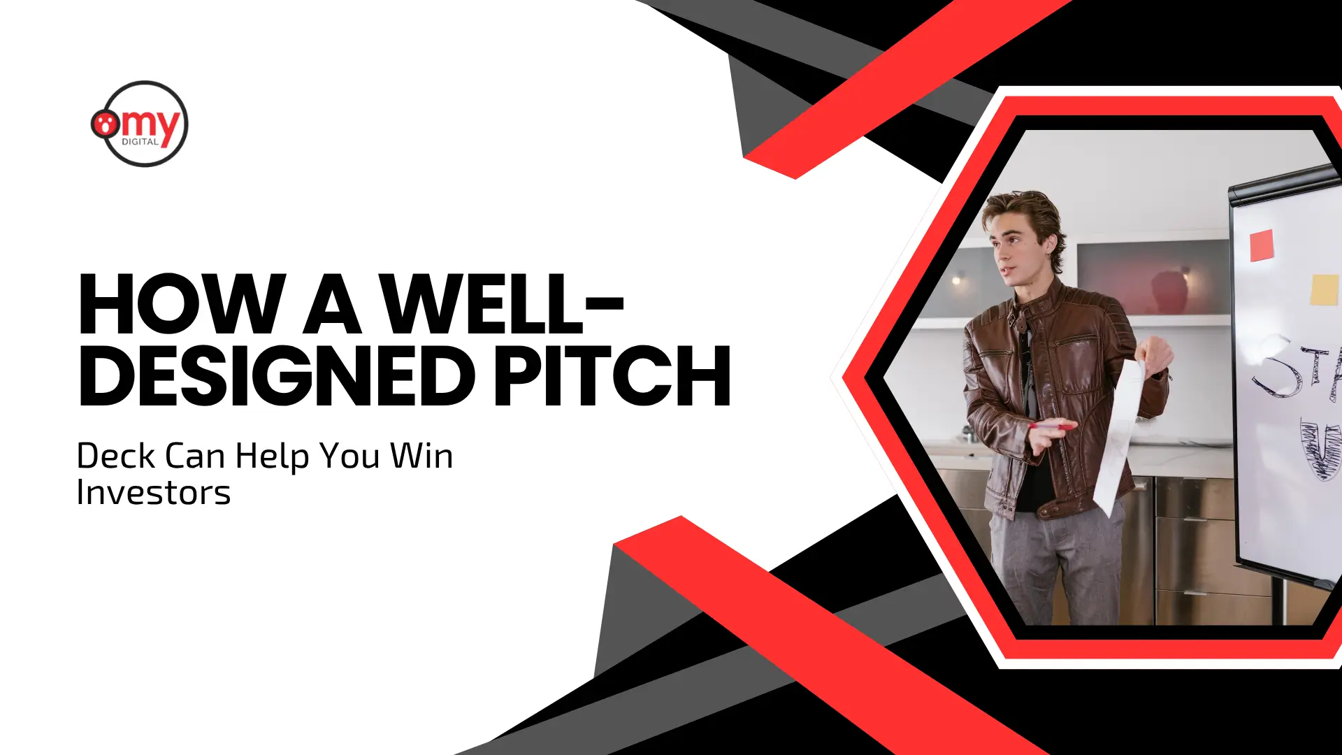 Modern corporate blog header set against a clean white background with bold black and red geometric diagonal overlays. On the top left corner, the circular "omy DIGITAL" logo is displayed. On the left side, bold black text reads "HOW A WELL-DESIGNED PITCH" above secondary text stating "Deck Can Help You Win Investors". On the right, framed inside a thick black hexagon with a red inner border, a young man in a brown leather jacket holds up a drawn presentation slide near a flipchart stand.