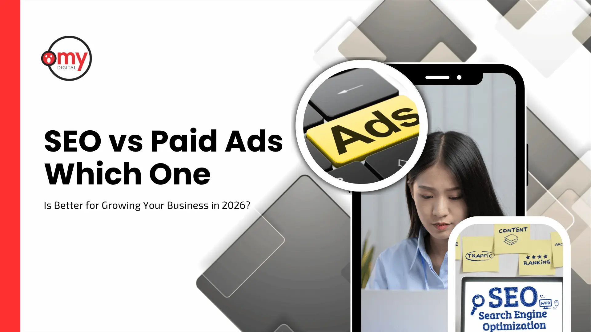 Banner image for 'SEO vs Paid Ads' by Omy Digital, featuring an inset graphic of a yellow key labeled 'Ads', a smartphone screen showing a person at a laptop, and sticky notes illustrating SEO concepts.