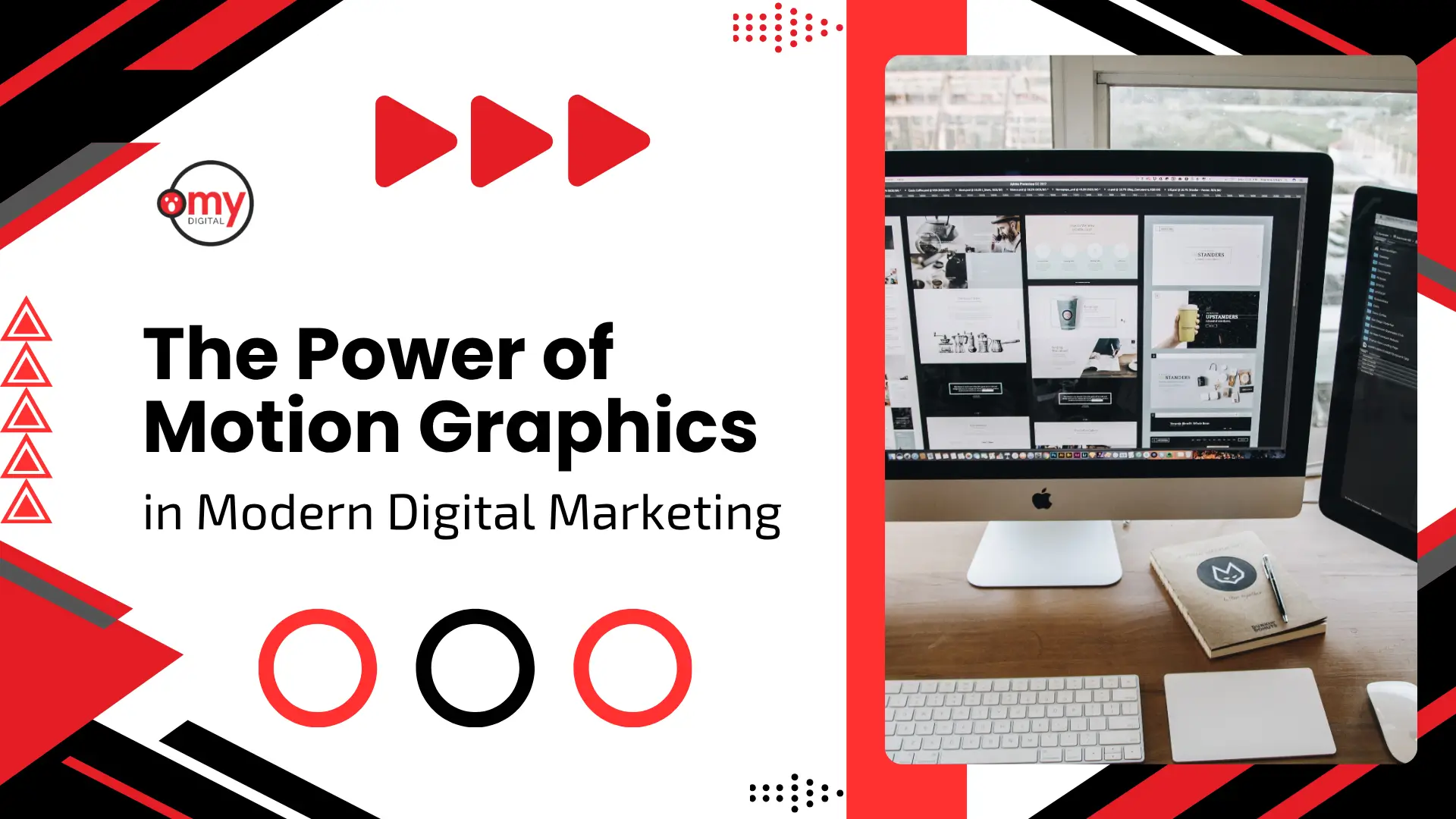 A dynamic marketing graphic with the bold text "The Power of Motion Graphics in Modern Digital Marketing" alongside the "Omy Digital" logo. On the left are red play-button triangles and red circular geometric patterns. On the right, a red-framed photo shows a desktop workstation displaying web design software on an Apple iMac next to a notebook and keyboard.