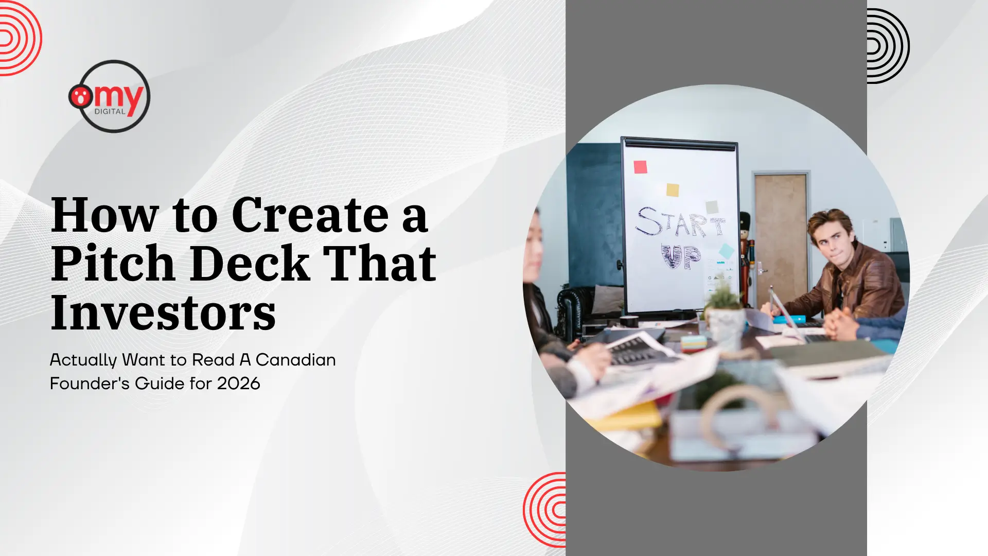 Startup guide banner with a circular image cutout of a team collaborating around a whiteboard with the word "START UP" written on it, set against a subtle grey wave pattern, complete with the "Omy Digital" logo and headline text "How to Create a Pitch Deck That Investors Actually Want to Read: A Canadian Founder's Guide for 2026".