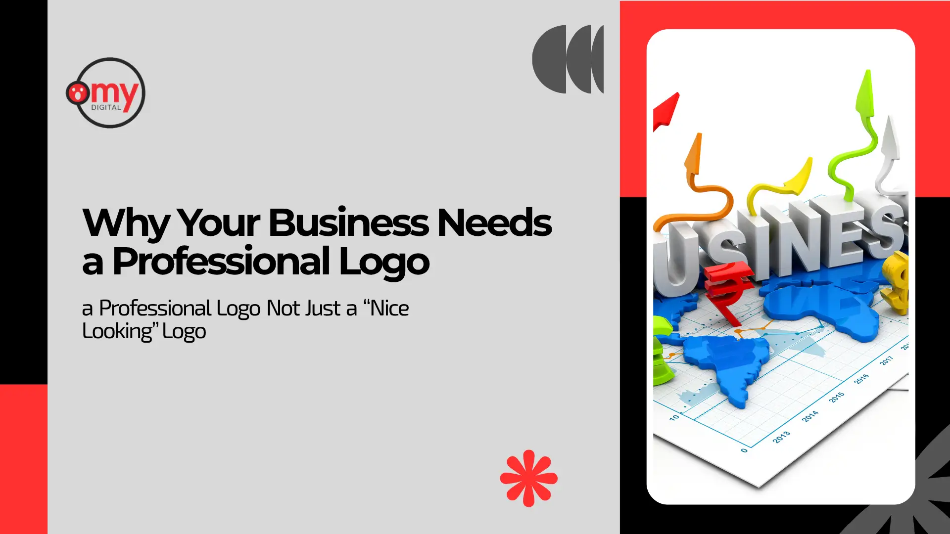 Marketing blog banner titled "Why Your Business Needs a Professional Logo, a Professional Logo Not Just a 'Nice Looking' Logo" displaying the Omy Digital company logo in the top left corner. Set against a red, black, and light grey background, featuring 3D text spelling "BUSINESS" on a global financial growth chart with colorful upward arrows.
